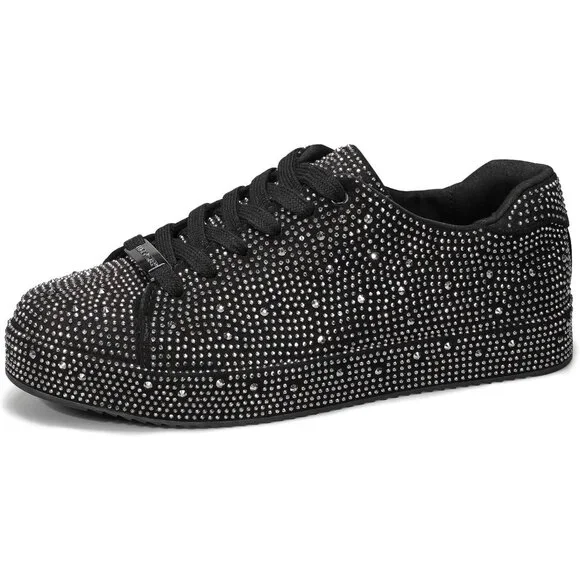 Women's Black Pewter Rhinestone Fashion Glitter Sneakers Sparkly Shiny Shoes - Picture 1 of 9